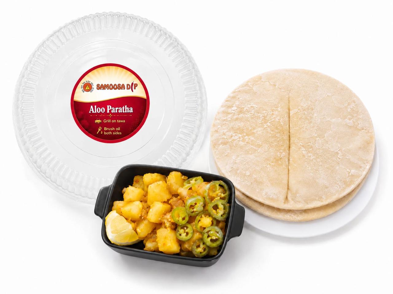 Samoosa Dip aloo paratha with a bowl of spiced potato filling