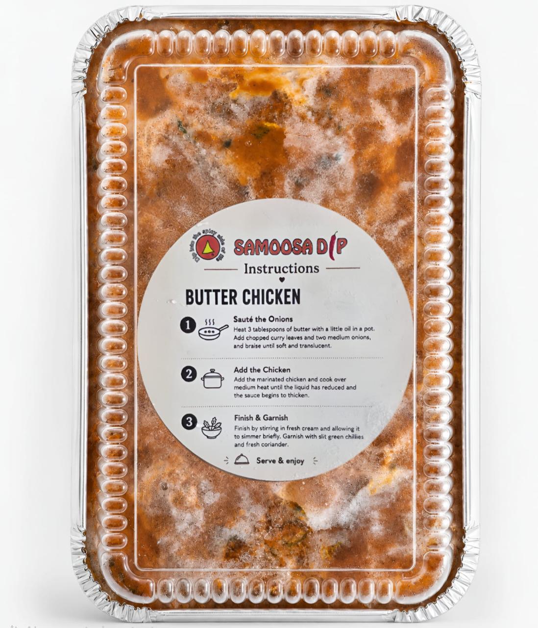 Samoosa Dip frozen butter chicken tray with cooking instructions on the label