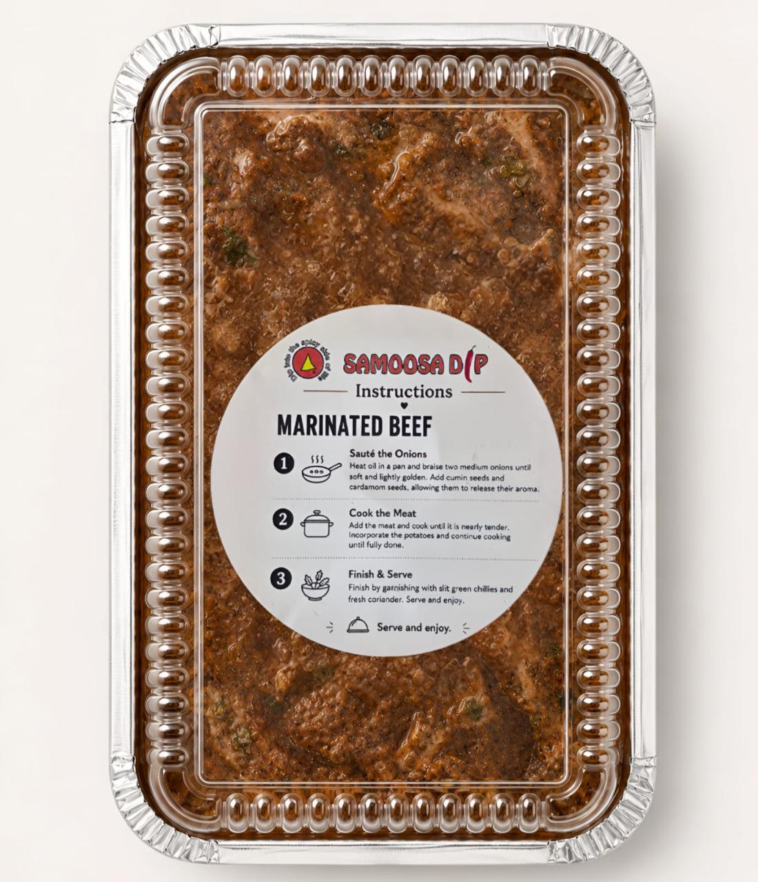 Samoosa Dip frozen marinated beef tray with cooking instructions on the label