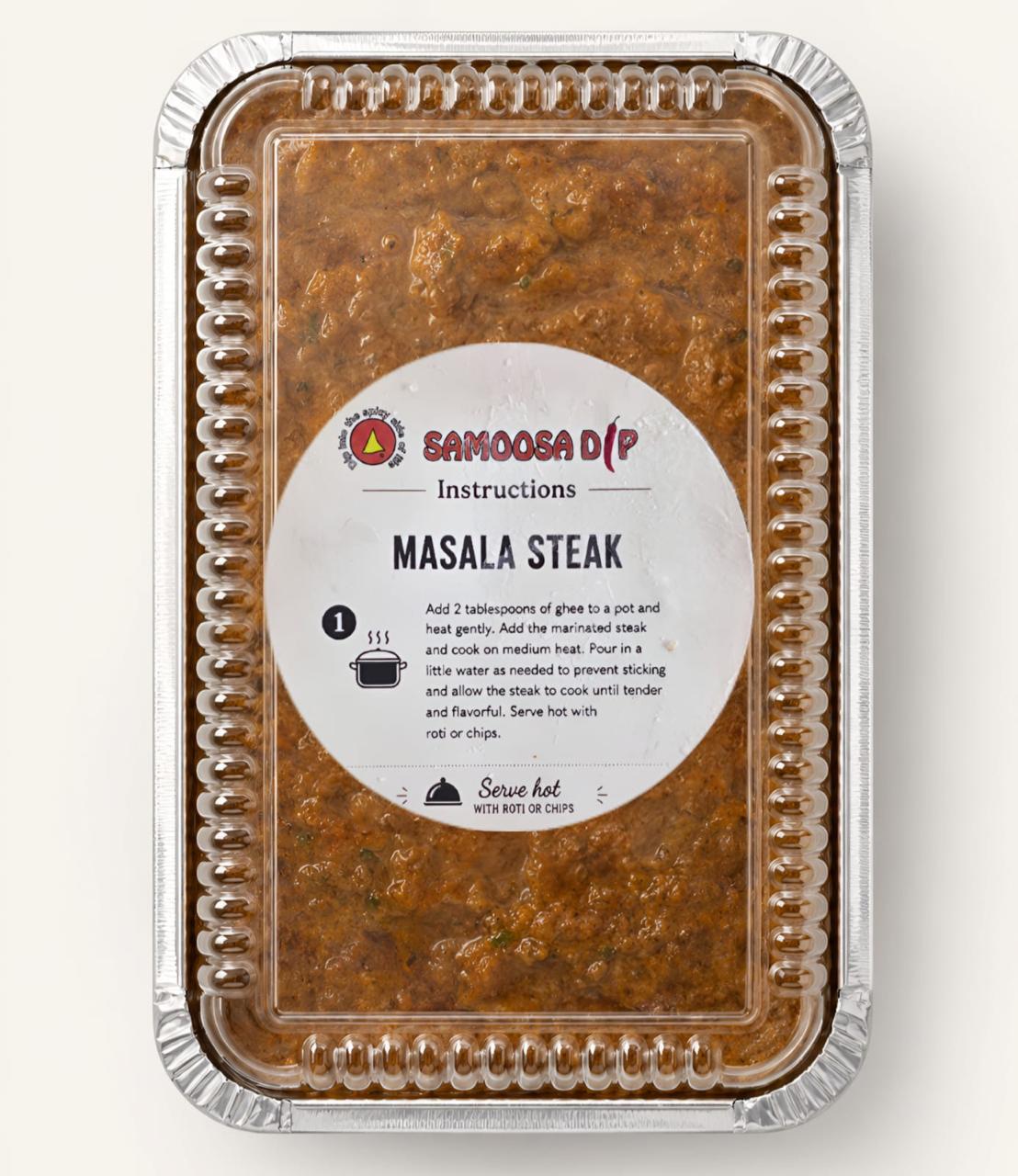 Samoosa Dip frozen masala steak tray with cooking instructions on the label