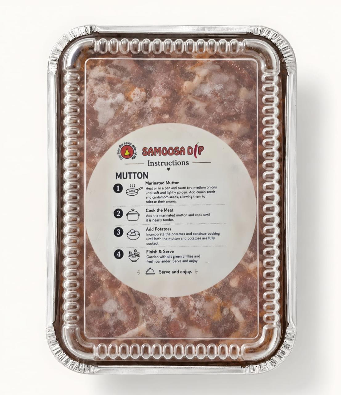 Samoosa Dip frozen marinated mutton tray with cooking instructions on the label